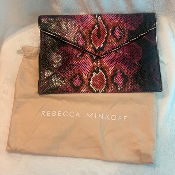 Rebecca Minkoff Pink & Black Snake Embossed Leather Leo Clutch w/ Dust Bag! - Picture 9 of 9